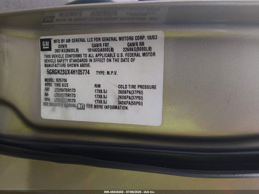 2004 Hummer H2 VIN: 5GRGN23UX4H105774 Lot: 45545450