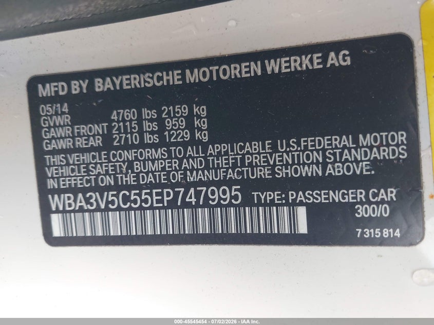 2014 BMW 428I VIN: WBA3V5C55EP747995 Lot: 45545454
