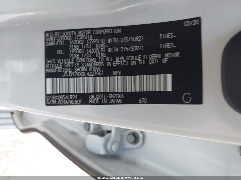 2020 Lexus Lx 570 Three-Row VIN: JTJDY7AX0L4327961 Lot: 45545479