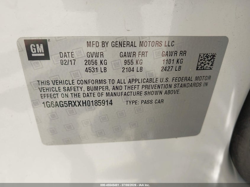 2017 Cadillac Ats Standard VIN: 1G6AG5RXXH0185914 Lot: 45545481