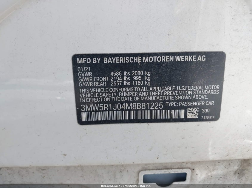 BMW 330I 2021 VIN 3MW5R1J04M8B81225
