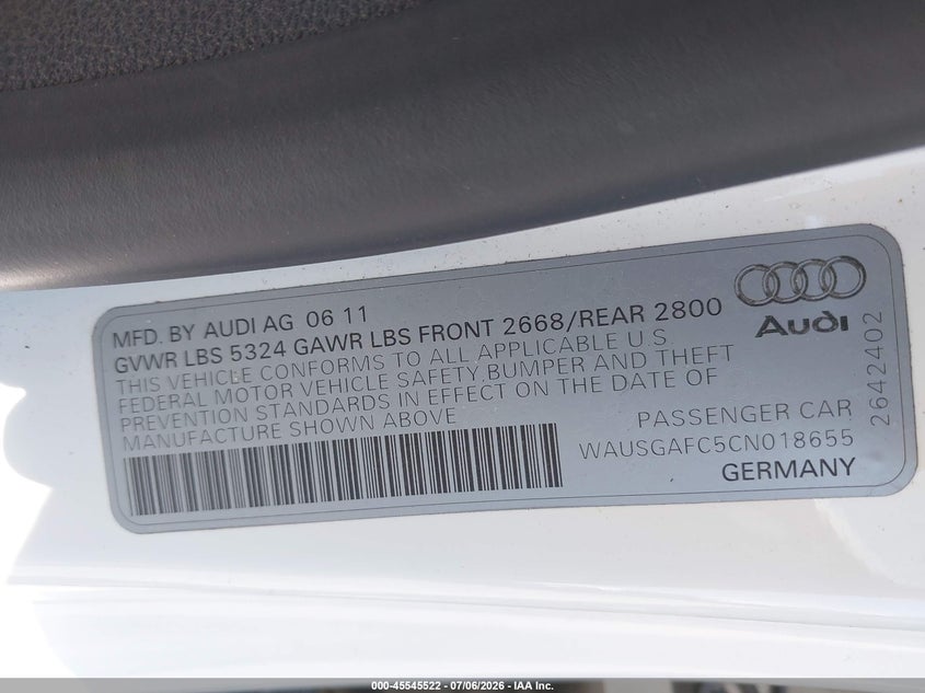 2012 Audi A7 3.0 Prestige VIN: WAUSGAFC5CN018655 Lot: 45545522