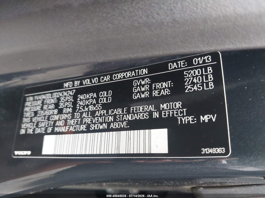 2013 Volvo Xc60 3.2/3.2 Platinum/3.2 Premier/3.2 Premier Plus VIN: YV4940DL0D2434247 Lot: 45545538