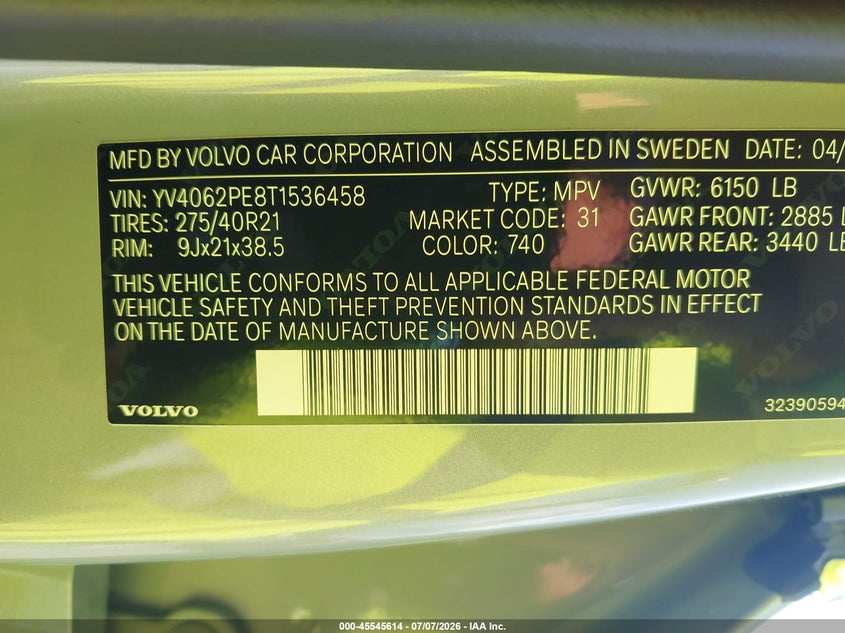2026 Volvo Xc90 Plus, B6 Awd Gas (Mild Hybrid), Gasoline, Bright, 7 Seats VIN: YV4062PE8T1536458 Lot: 45545614