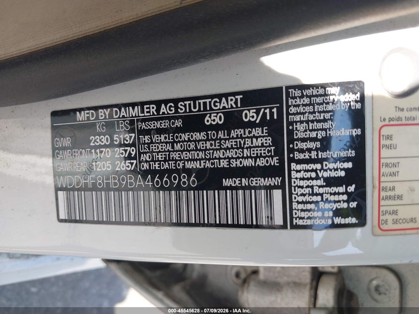 2011 Mercedes-Benz E 350 4Matic VIN: WDDHF8HB9BA466986 Lot: 45545628