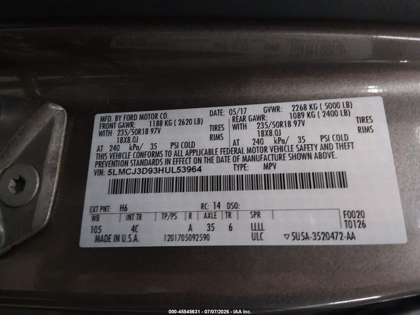 2017 Lincoln Mkc Reserve VIN: 5LMCJ3D93HUL53964 Lot: 45545631