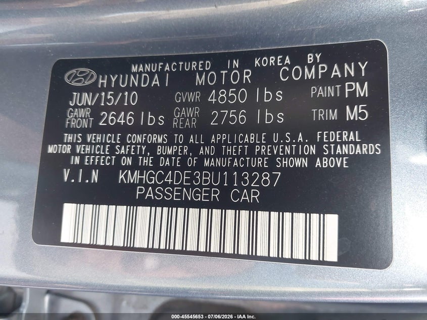2011 Hyundai Genesis 3.8 VIN: KMHGC4DE3BU113287 Lot: 45545653