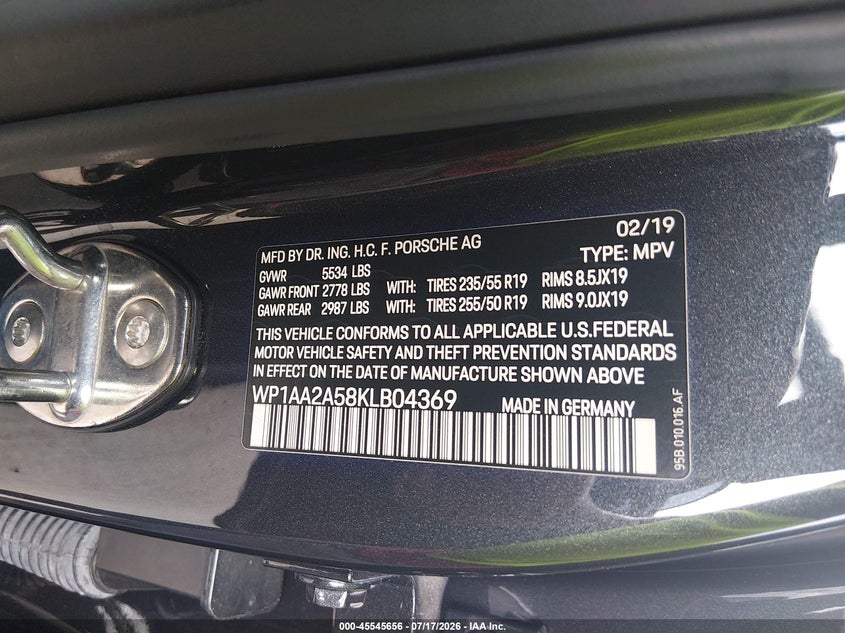 2019 Porsche Macan VIN: WP1AA2A58KLB04369 Lot: 45545656