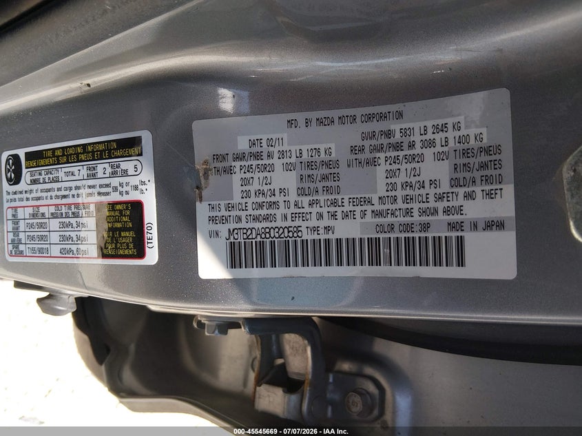 2011 Mazda Cx-9 VIN: JM3TB2DA8B0320585 Lot: 45545669