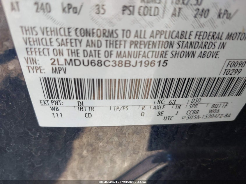 2008 Lincoln Mkx VIN: 2LMDU68C38BJ19615 Lot: 45545674