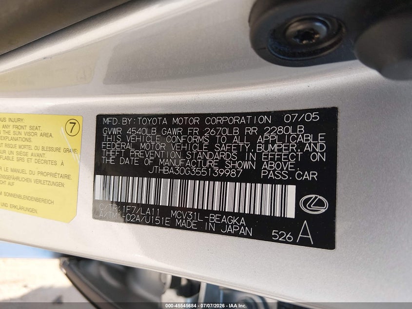 LEXUS ES 330 2005 VIN JTHBA30G355139987