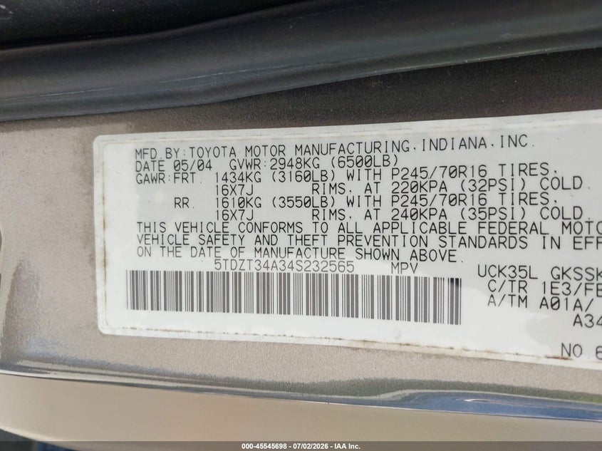 2004 Toyota Sequoia Sr5 V8 VIN: 5TDZT34A34S232565 Lot: 45545698