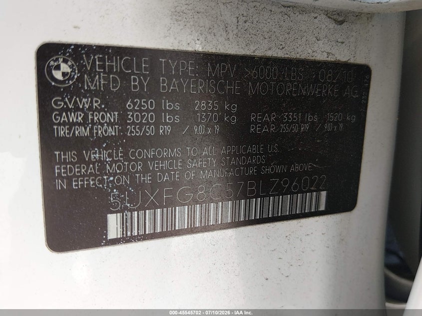 2011 BMW X6 xDrive50I VIN: 5UXFG8C57BLZ96022 Lot: 45545702