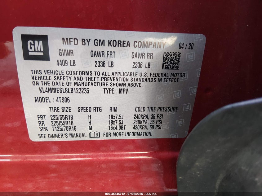 2020 Buick Encore Gx Awd Select VIN: KL4MMESL8LB123235 Lot: 45545712