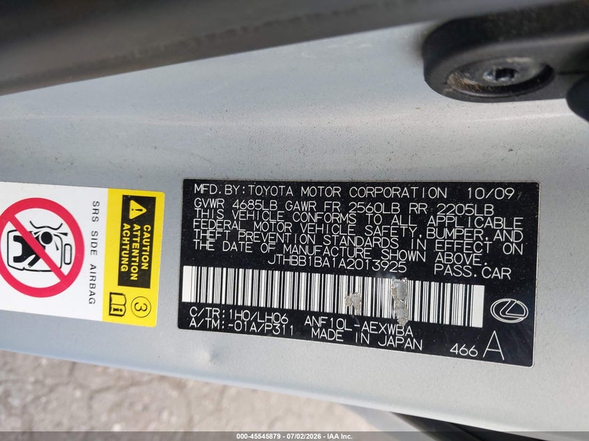 2010 Lexus Hs 250H Premium VIN: JTHBB1BA1A2013925 Lot: 45545879