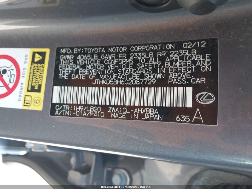 2012 Lexus Ct 200H Premium VIN: JTHKD5BH6C2087729 Lot: 45545881