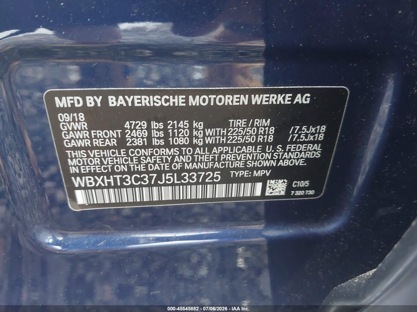 2018 BMW X1 xDrive28I VIN: WBXHT3C37J5L33725 Lot: 45545882