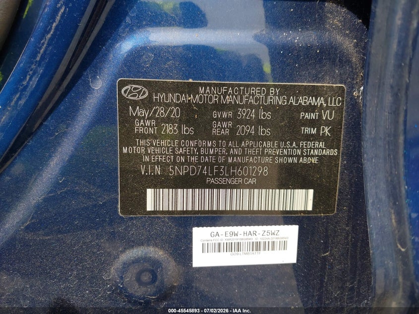 2020 Hyundai Elantra Se VIN: 5NPD74LF3LH601298 Lot: 45545893