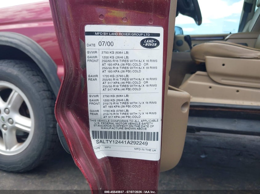 2001 Land Rover Discovery Series Ii VIN: SALTY12441A292249 Lot: 45545937