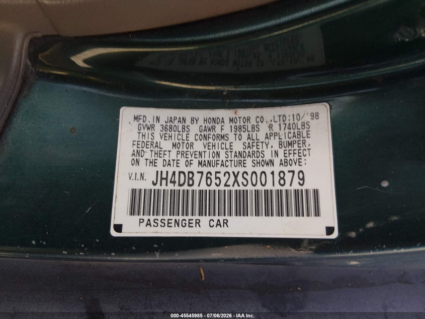 1999 Acura Integra Ls VIN: JH4DB7652XS001879 Lot: 45545985