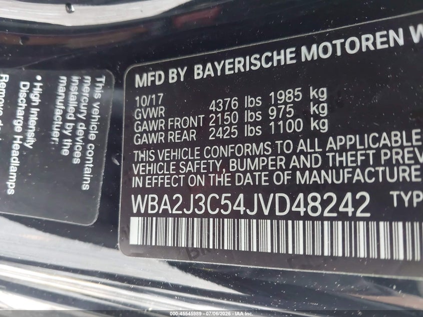 2018 BMW 230I xDrive VIN: WBA2J3C54JVD48242 Lot: 45545989
