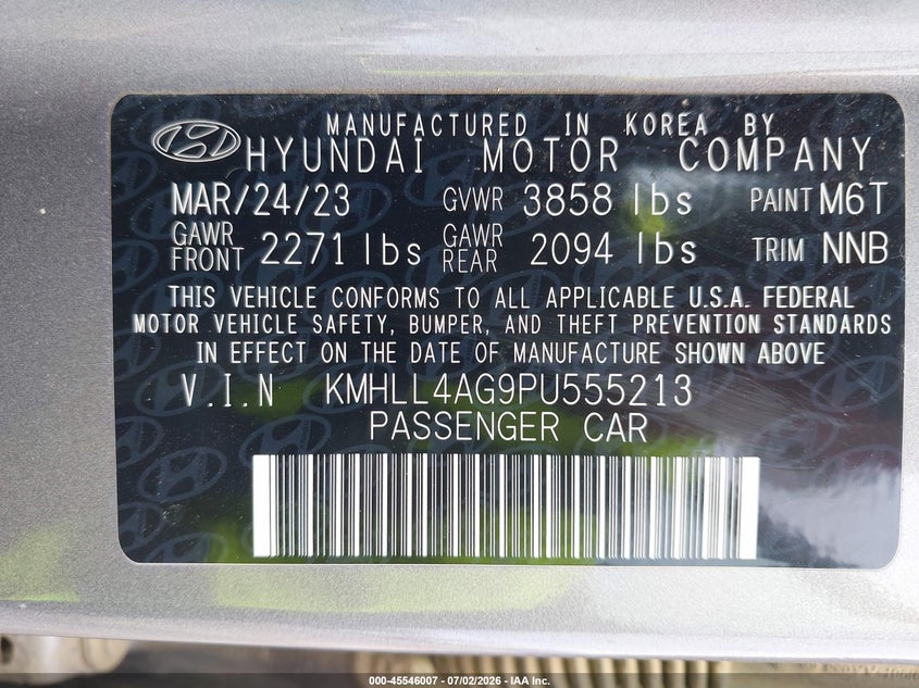 2023 Hyundai Elantra Se VIN: KMHLL4AG9PU555213 Lot: 45546007