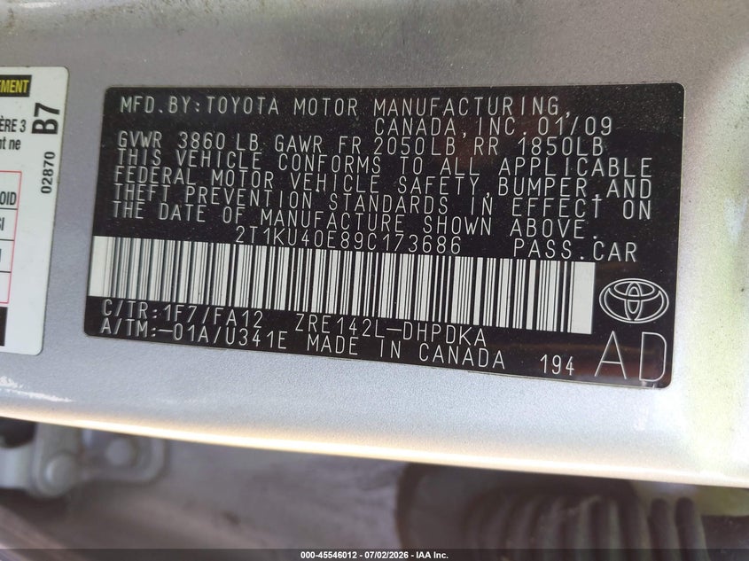2009 Toyota Matrix VIN: 2T1KU40E89C173686 Lot: 45546012