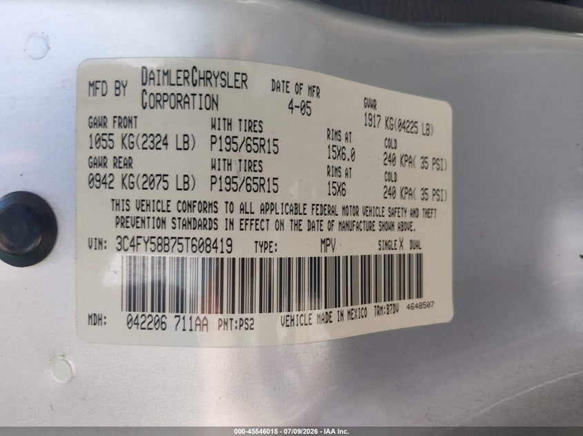 2005 Chrysler Pt Cruiser Touring VIN: 3C4FY58B75T608419 Lot: 45546015