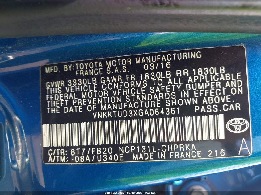 2016 Toyota Yaris Le VIN: VNKKTUD3XGA064361 Lot: 45546032