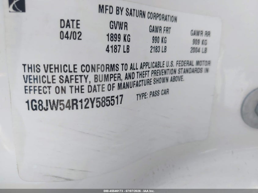2002 Saturn L-Series L300 VIN: 1G8JW54R12Y585517 Lot: 45546173
