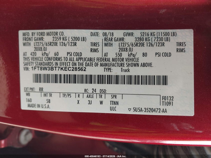2019 Ford F-350 King Ranch/Lariat/Limited/Platinum/Xl/Xlt VIN: 1FT8W3BT7KEC28562 Lot: 45546183