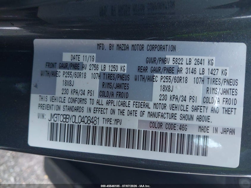 2020 Mazda Cx-9 Sport VIN: JM3TCBBY0L0408481 Lot: 45546185