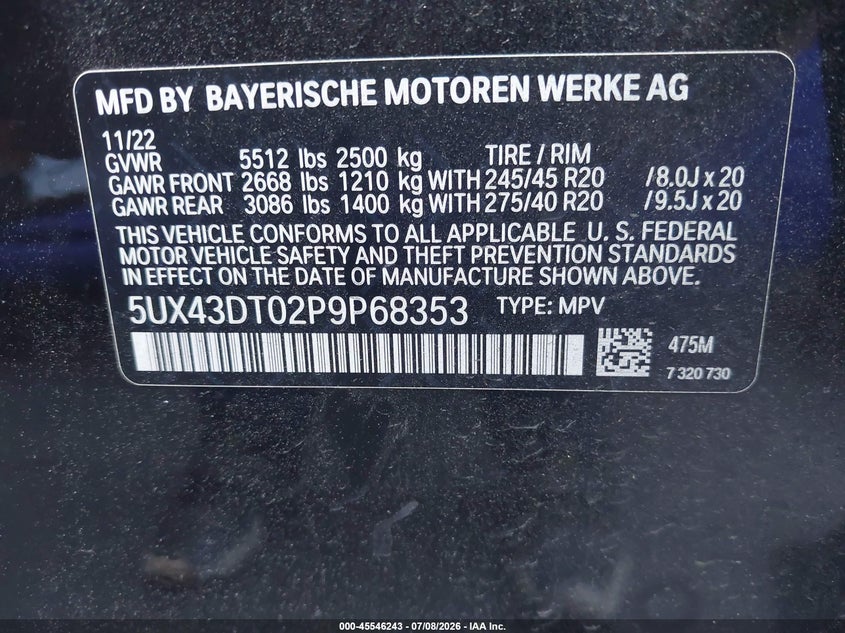 2023 BMW X4 M40I VIN: 5UX43DT02P9P68353 Lot: 45546243