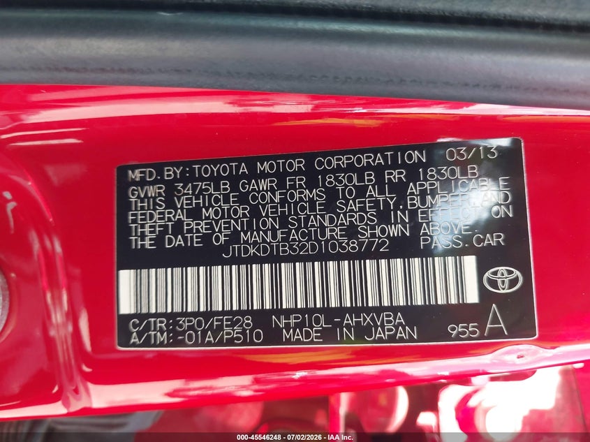 2013 Toyota Prius C One VIN: JTDKDTB32D1038772 Lot: 45546248