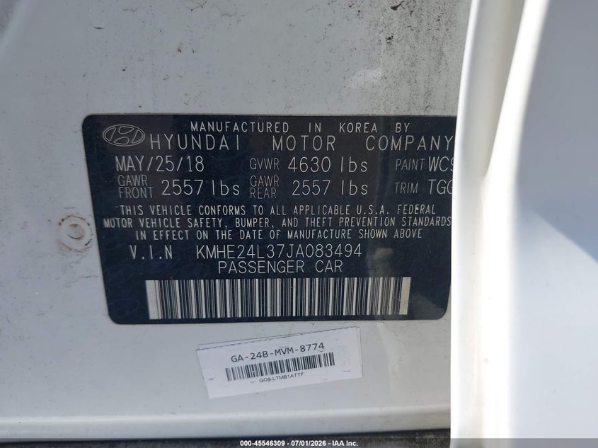 2018 Hyundai Sonata Hybrid Se VIN: KMHE24L37JA083494 Lot: 45546309