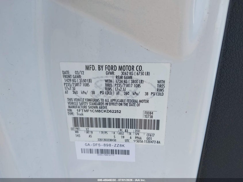 2012 Ford F-150 Stx/Xl/Xlt VIN: 1FTMF1CM8CKD62252 Lot: 45546330