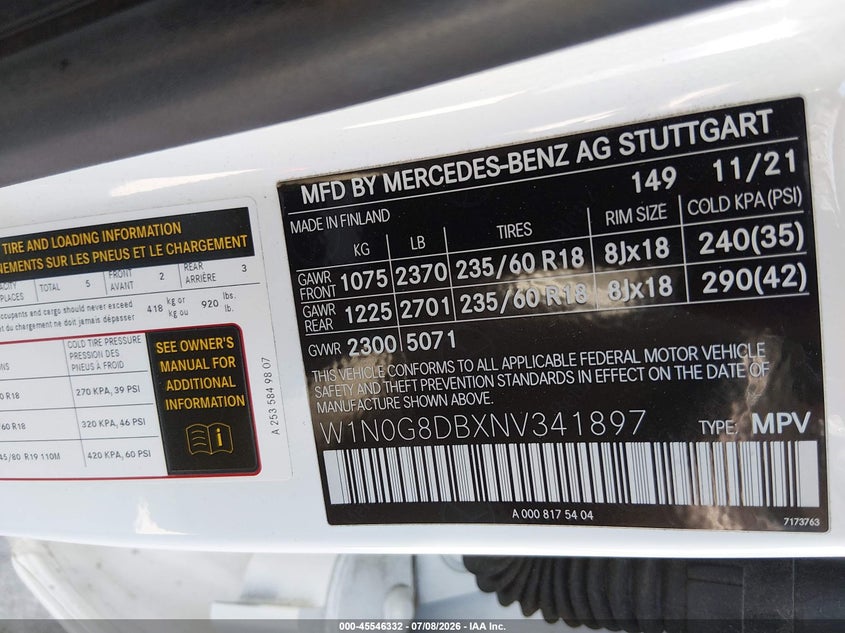 2022 Mercedes-Benz Glc 300 Suv VIN: W1N0G8DBXNV341897 Lot: 45546332