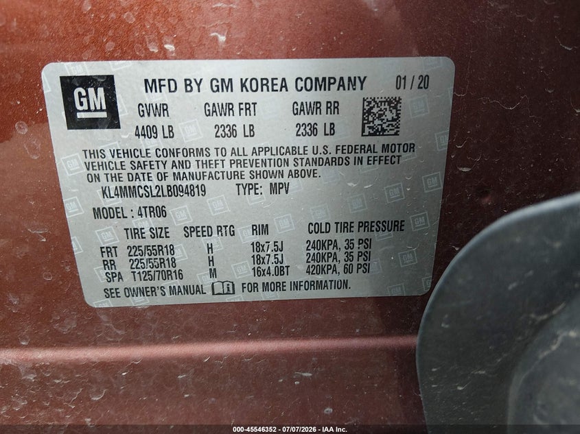 2020 Buick Encore Gx Awd Preferred VIN: KL4MMCSL2LB094819 Lot: 45546352