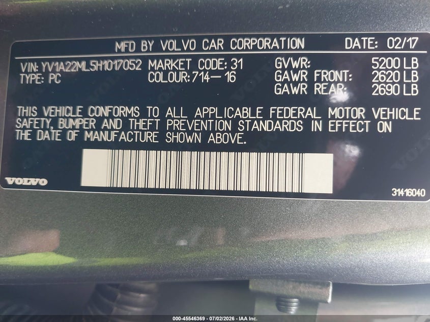 2017 Volvo S90 T6 Inscription VIN: YV1A22ML5H1017052 Lot: 45546369