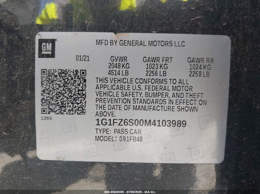 2021 Chevrolet Bolt Ev Fwd Premier VIN: 1G1FZ6S00M4103989 Lot: 45546385