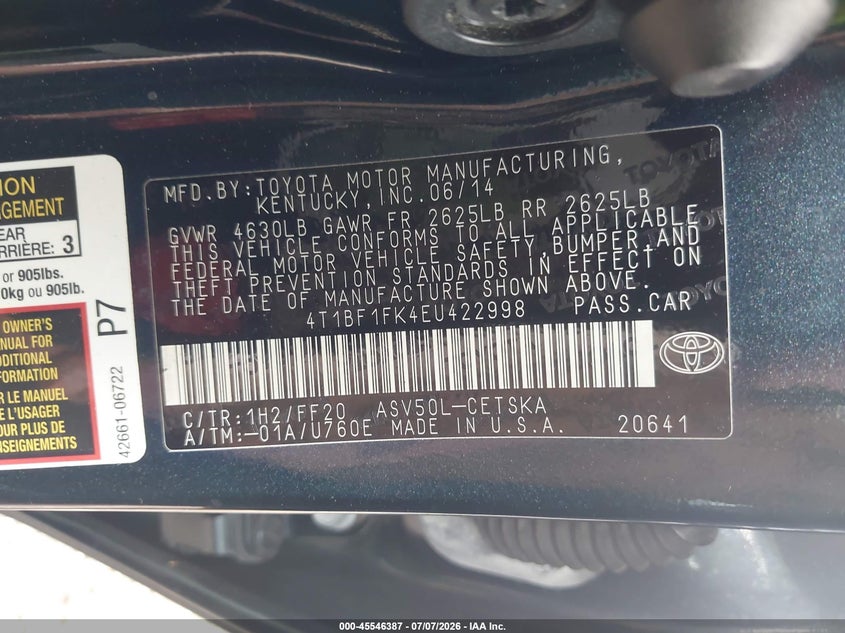 2014 TOYOTA CAMRY SEDAN 2.5L I-4 DOHC, VVT, 178HP