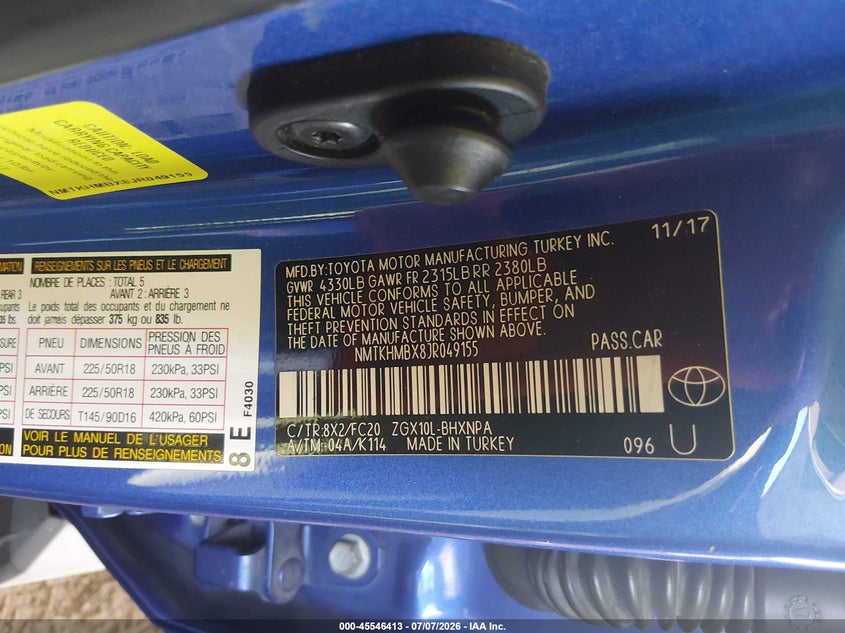 2018 Toyota C-Hr Xle Premium VIN: NMTKHMBX8JR049155 Lot: 45546413