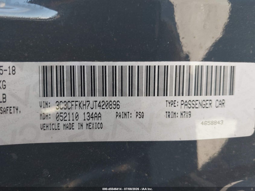 2018 Fiat 500 Pop VIN: 3C3CFFKH7JT420896 Lot: 45546414