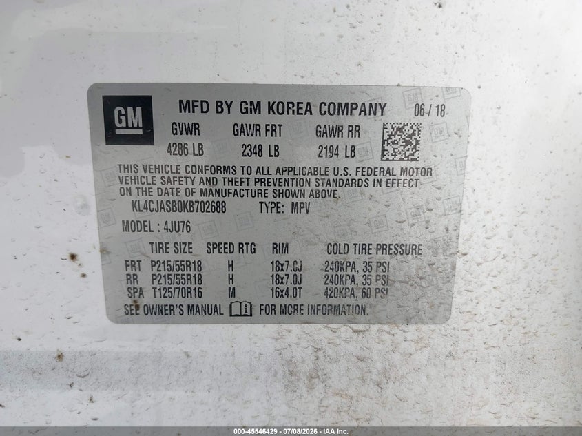 2019 Buick Encore Fwd Preferred VIN: KL4CJASB0KB702688 Lot: 45546429