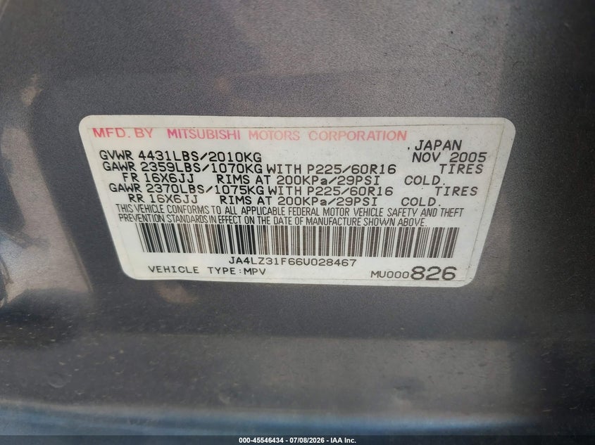 2006 Mitsubishi Outlander Ls VIN: JA4LZ31F66U028467 Lot: 45546434