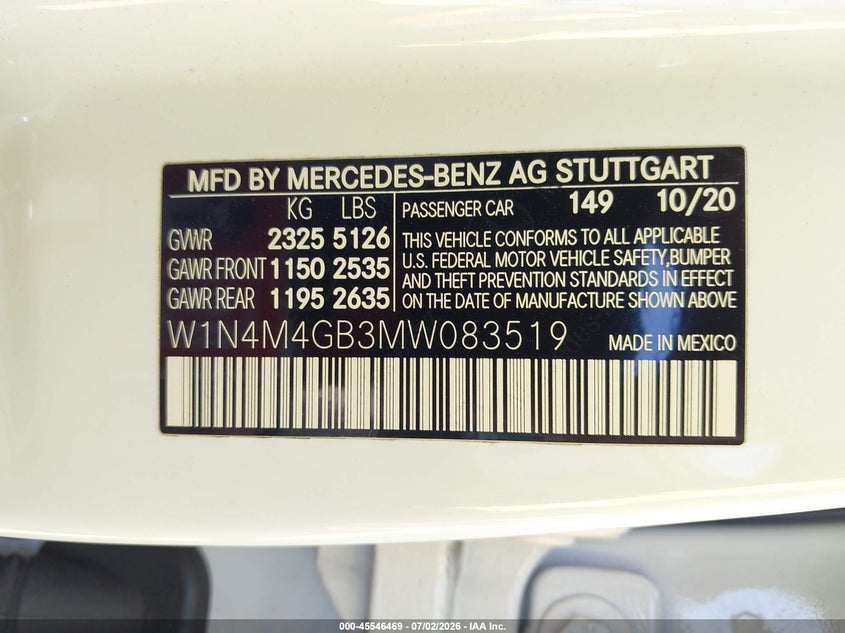 2021 Mercedes-Benz Glb 250 VIN: W1N4M4GB3MW083519 Lot: 45546469