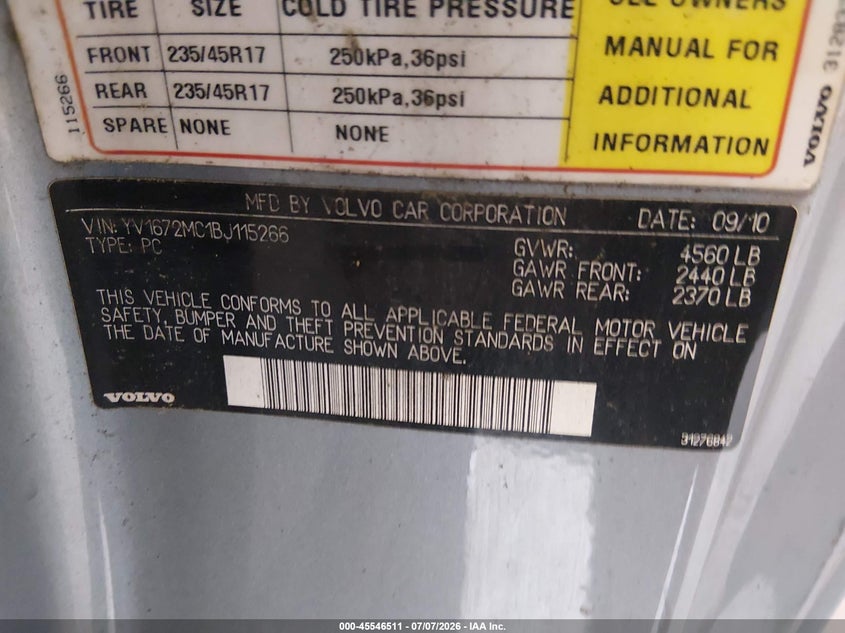 2011 Volvo C70 T5 (Fleet Only)/T5 (Retail Only) VIN: YV1672MC1BJ115266 Lot: 45546511