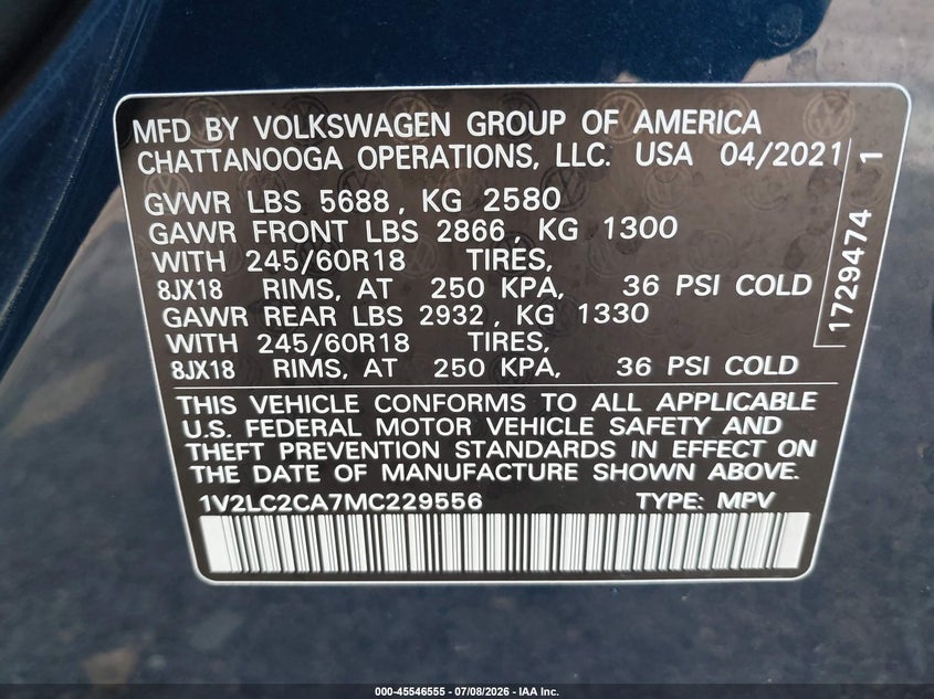 2021 Volkswagen Atlas Cross Sport 2.0T Se VIN: 1V2LC2CA7MC229556 Lot: 45546555