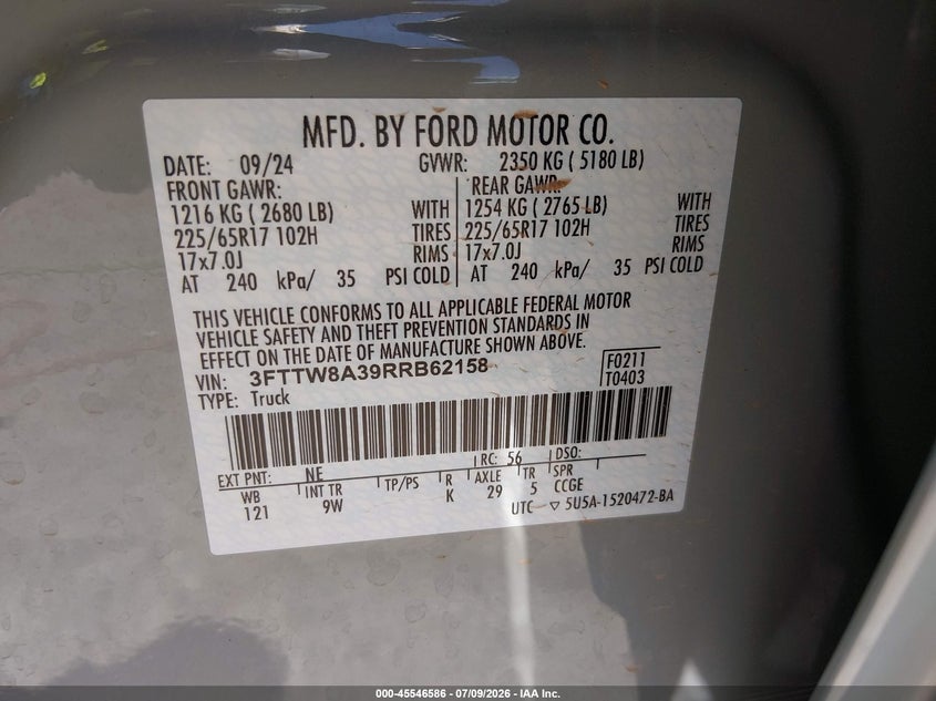 2024 Ford Maverick Xl VIN: 3FTTW8A39RRB62158 Lot: 45546586