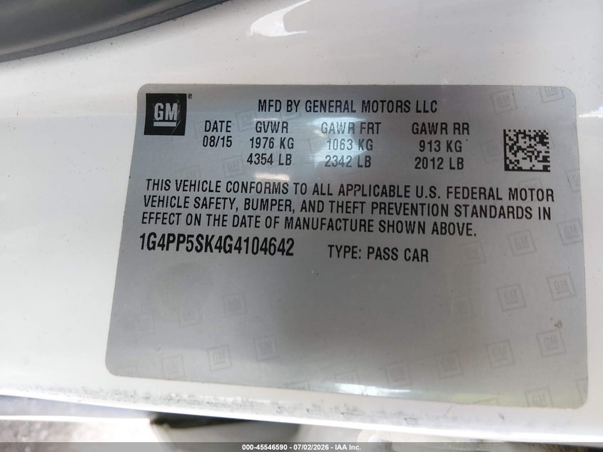 2016 Buick Verano VIN: 1G4PP5SK4G4104642 Lot: 45546590